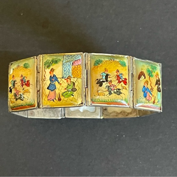 Vintage hand painted mother of pearl Persian storybook bracelet.